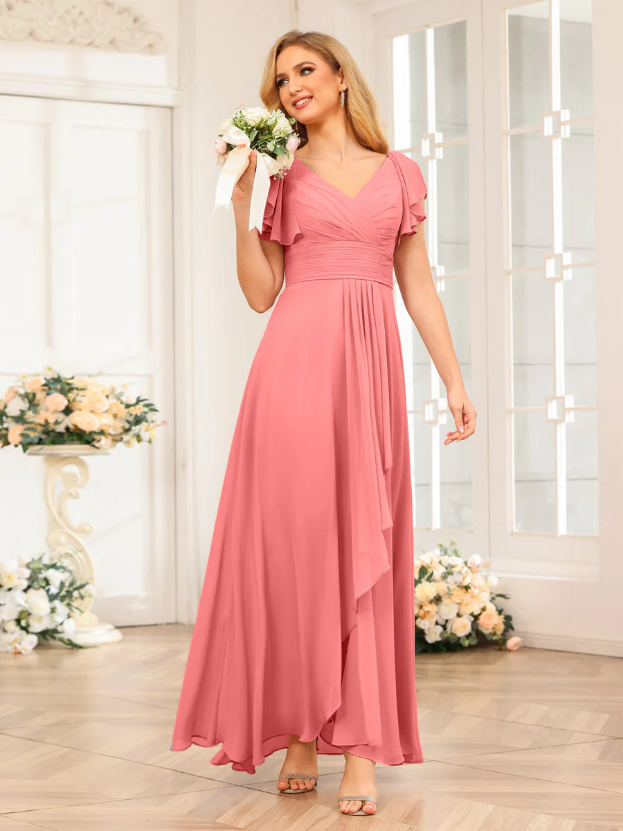 A-Line/Princess V-Neck Long Wedding Party Dresses with Ruffles - Image 34