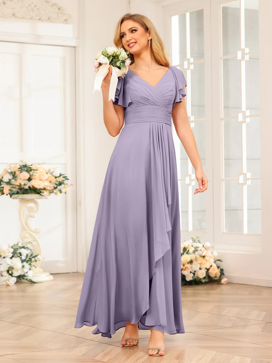 A-Line/Princess V-Neck Long Wedding Party Dresses with Ruffles - Image 41