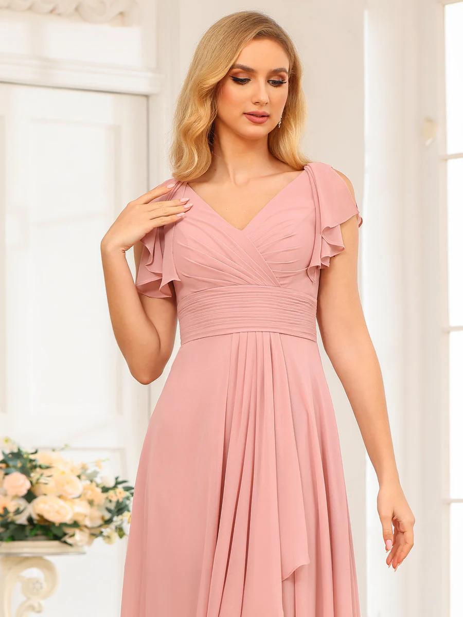 A-Line/Princess V-Neck Long Wedding Party Dresses with Ruffles - Image 6