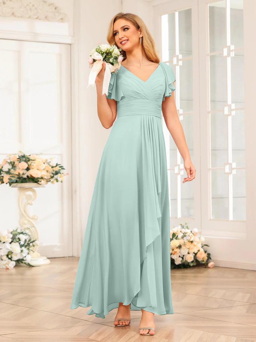 A-Line/Princess V-Neck Long Wedding Party Dresses with Ruffles - Image 62