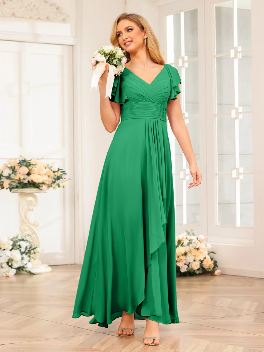 A-Line/Princess V-Neck Long Wedding Party Dresses with Ruffles - Image 66