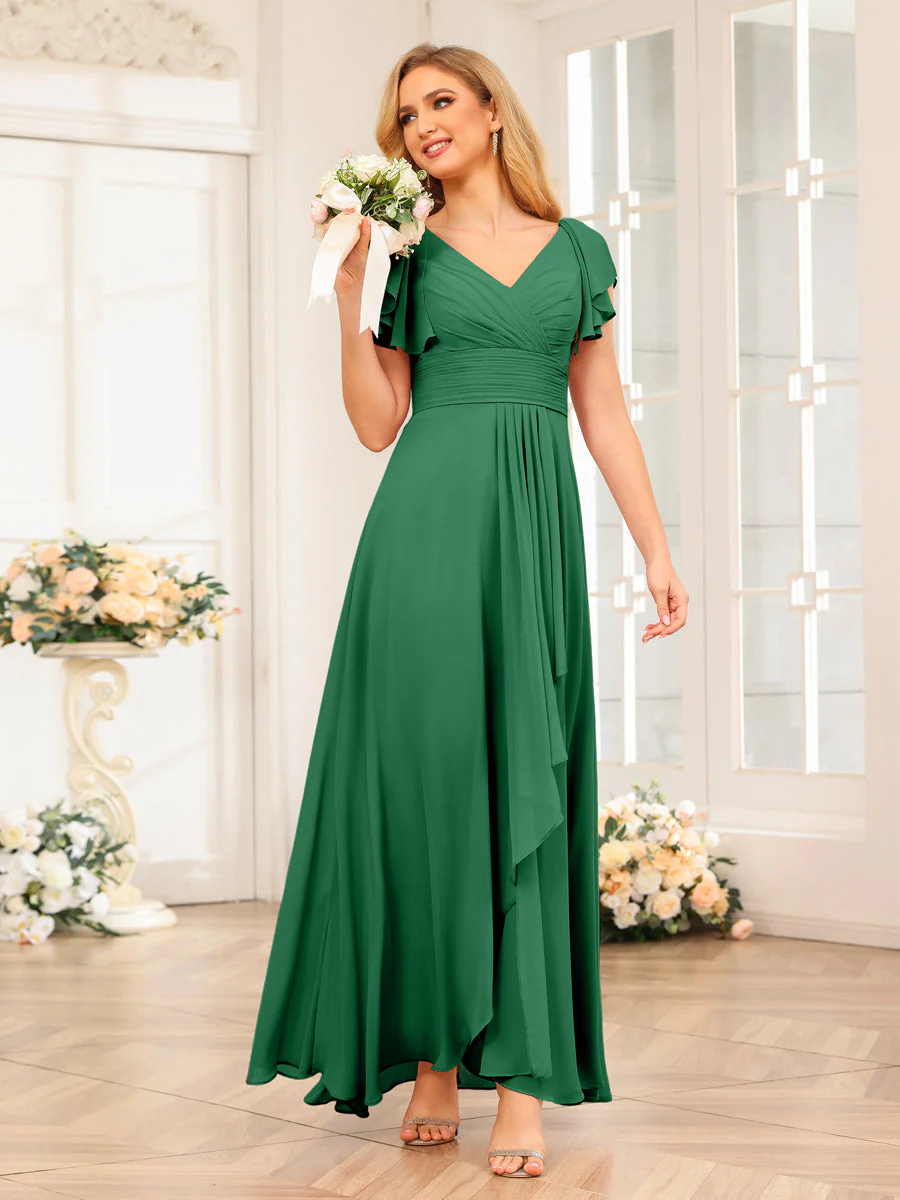 A-Line/Princess V-Neck Long Wedding Party Dresses with Ruffles - Image 69