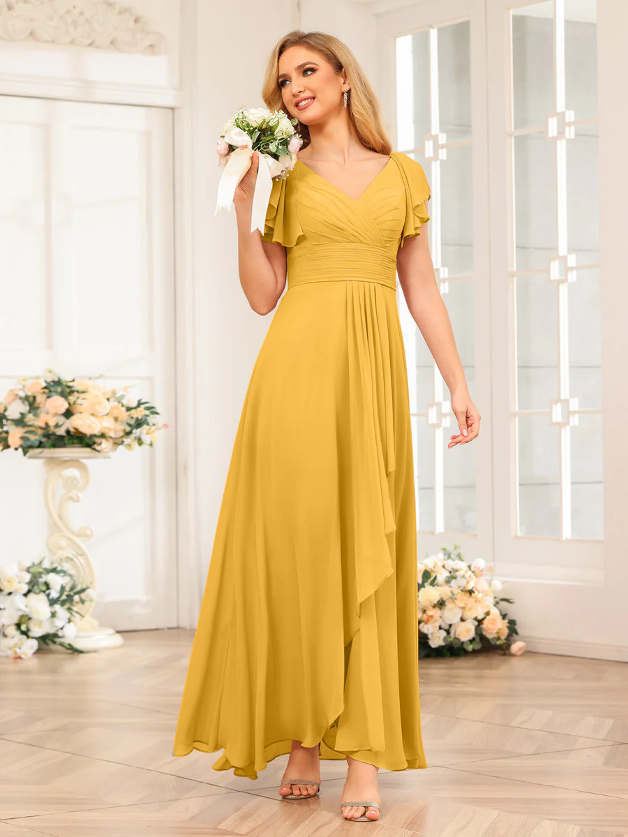 A-Line/Princess V-Neck Long Wedding Party Dresses with Ruffles - Image 72