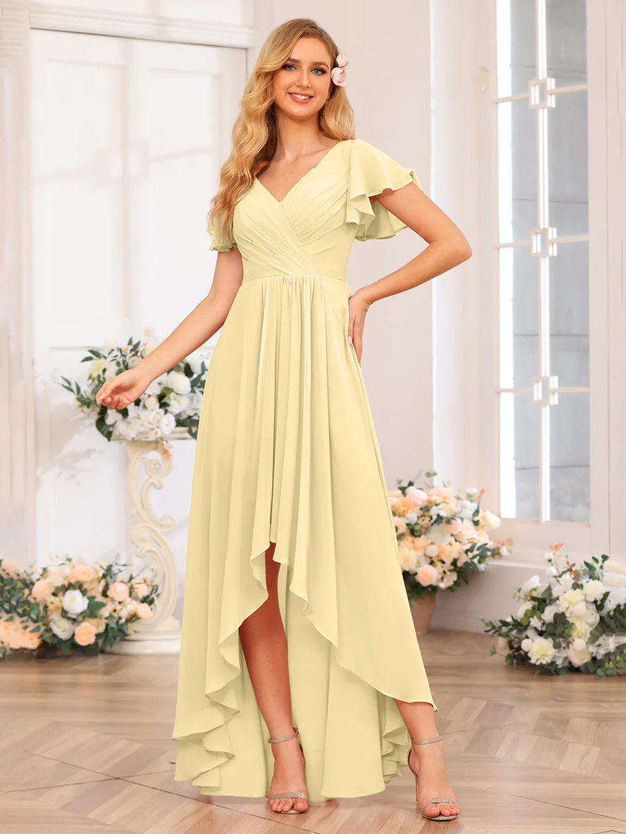 A-Line/Princess V-Neck Long Wedding Party Dresses with Ruffles - Image 70