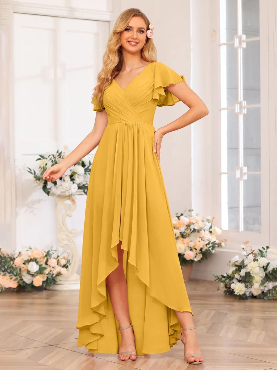 A-Line/Princess V-Neck Long Wedding Party Dresses with Ruffles - Image 72