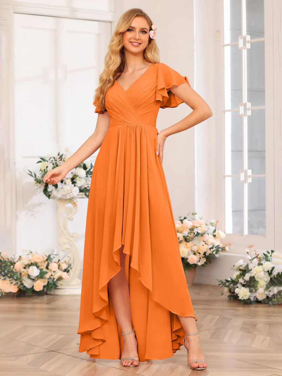 A-Line/Princess V-Neck Long Wedding Party Dresses with Ruffles - Image 74