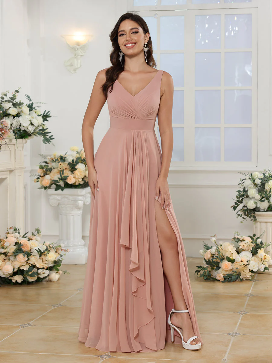 A-Line/Princess V-Neck Long Wedding Party Dresses with Split Side - Image 5