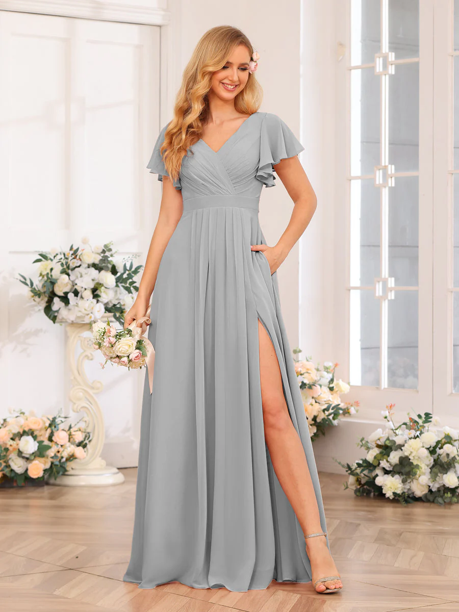 A-Line/Princess V-Neck Long Wedding Party Dresses with Split Side & Pockets - Image 24