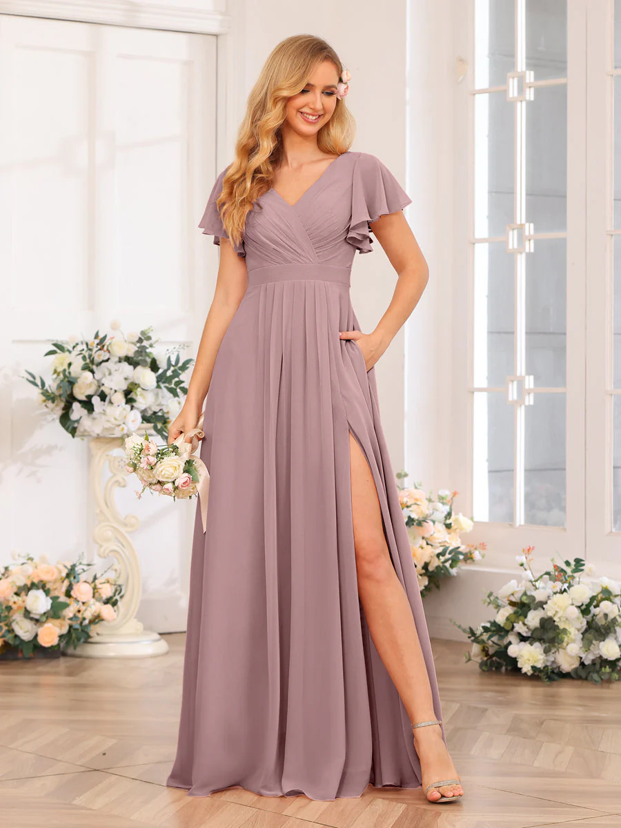 A-Line/Princess V-Neck Long Wedding Party Dresses with Split Side & Pockets - Image 33
