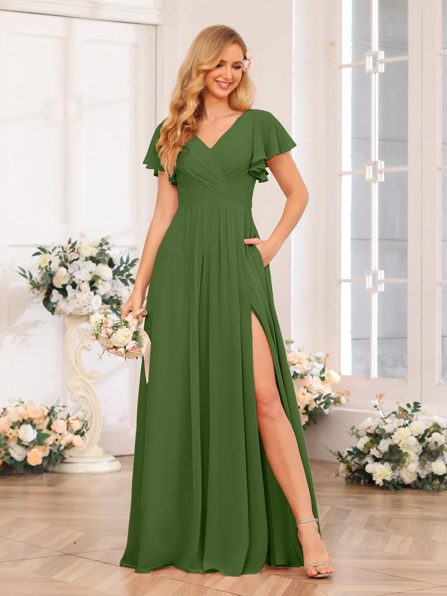 A-Line/Princess V-Neck Long Wedding Party Dresses with Split Side & Pockets - Image 67