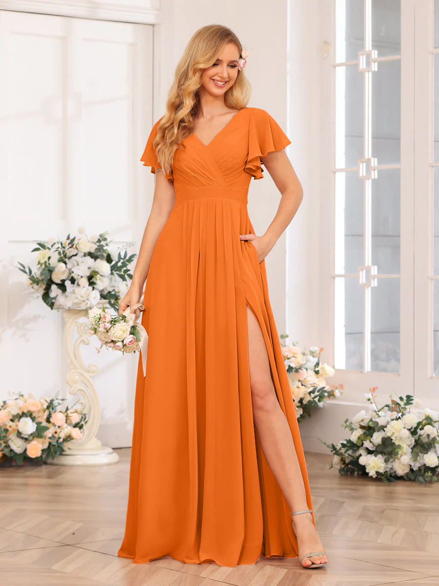 A-Line/Princess V-Neck Long Wedding Party Dresses with Split Side & Pockets - Image 74