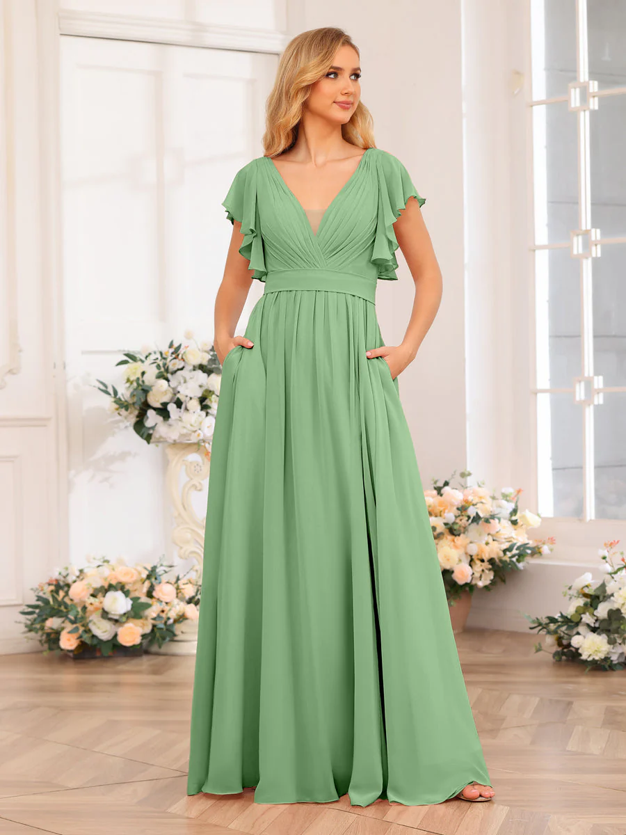 A-Line/Princess V-Neck Long Wedding Party Dresses with Split Side & Pockets - Image 18
