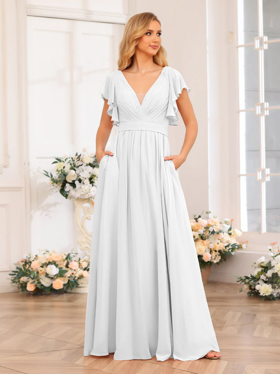 A-Line/Princess V-Neck Long Wedding Party Dresses with Split Side & Pockets - Image 21