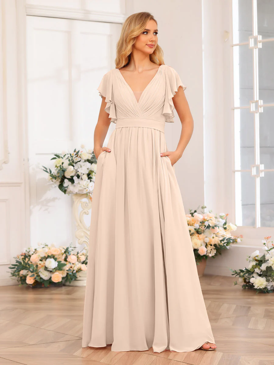 A-Line/Princess V-Neck Long Wedding Party Dresses with Split Side & Pockets - Image 25
