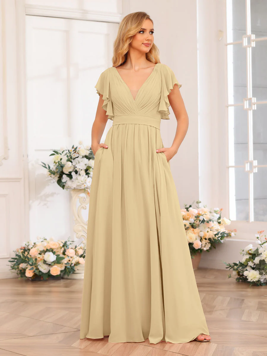 A-Line/Princess V-Neck Long Wedding Party Dresses with Split Side & Pockets - Image 26