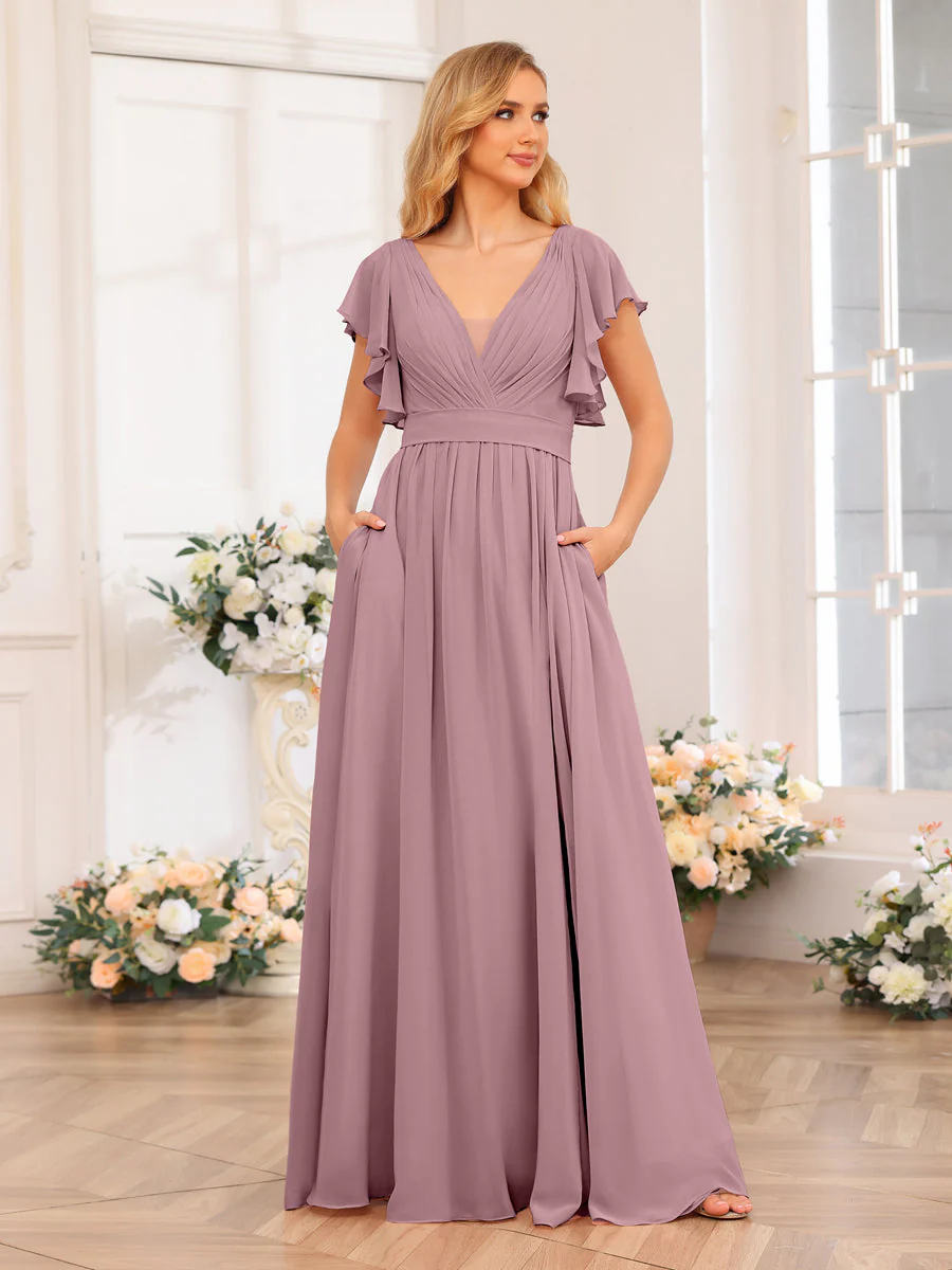 A-Line/Princess V-Neck Long Wedding Party Dresses with Split Side & Pockets - Image 33