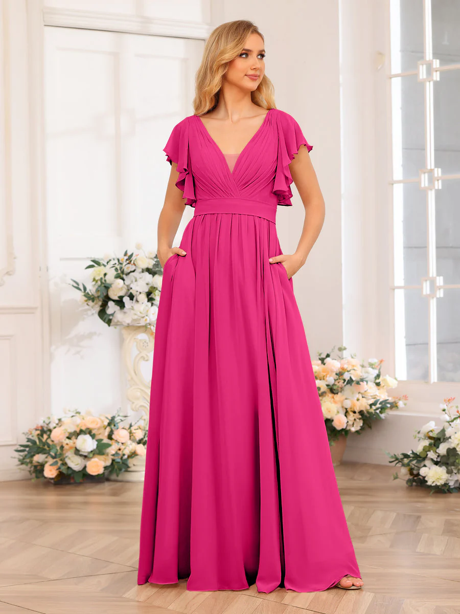 A-Line/Princess V-Neck Long Wedding Party Dresses with Split Side & Pockets - Image 36