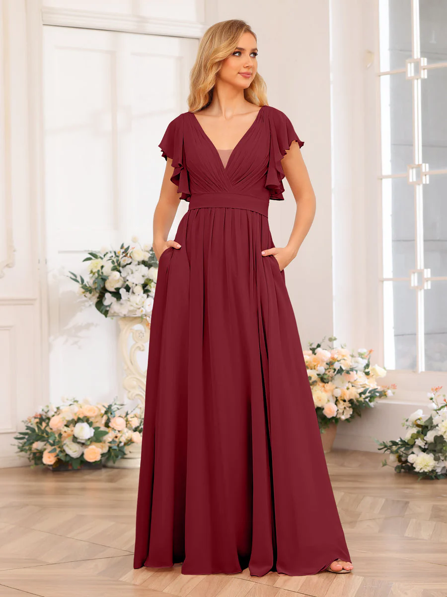 A-Line/Princess V-Neck Long Wedding Party Dresses with Split Side & Pockets - Image 39