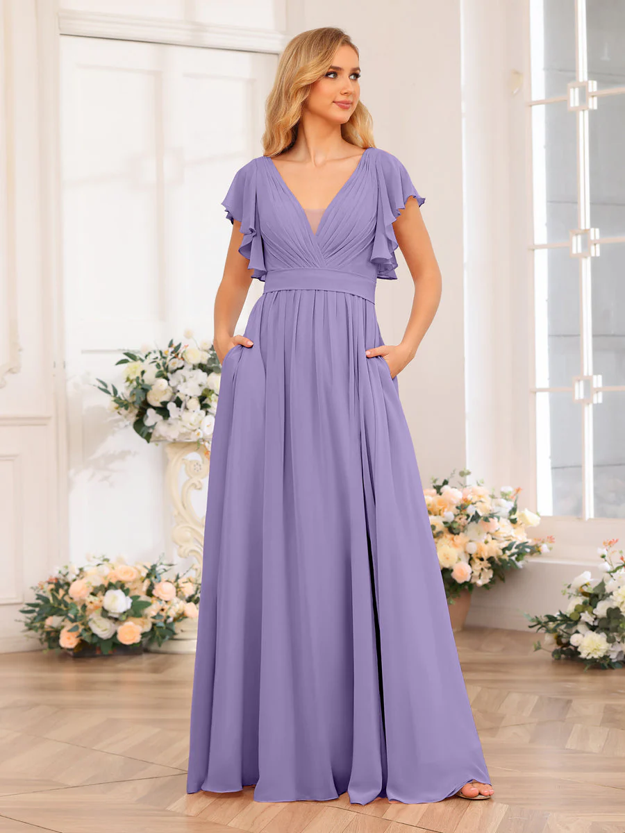 A-Line/Princess V-Neck Long Wedding Party Dresses with Split Side & Pockets - Image 43