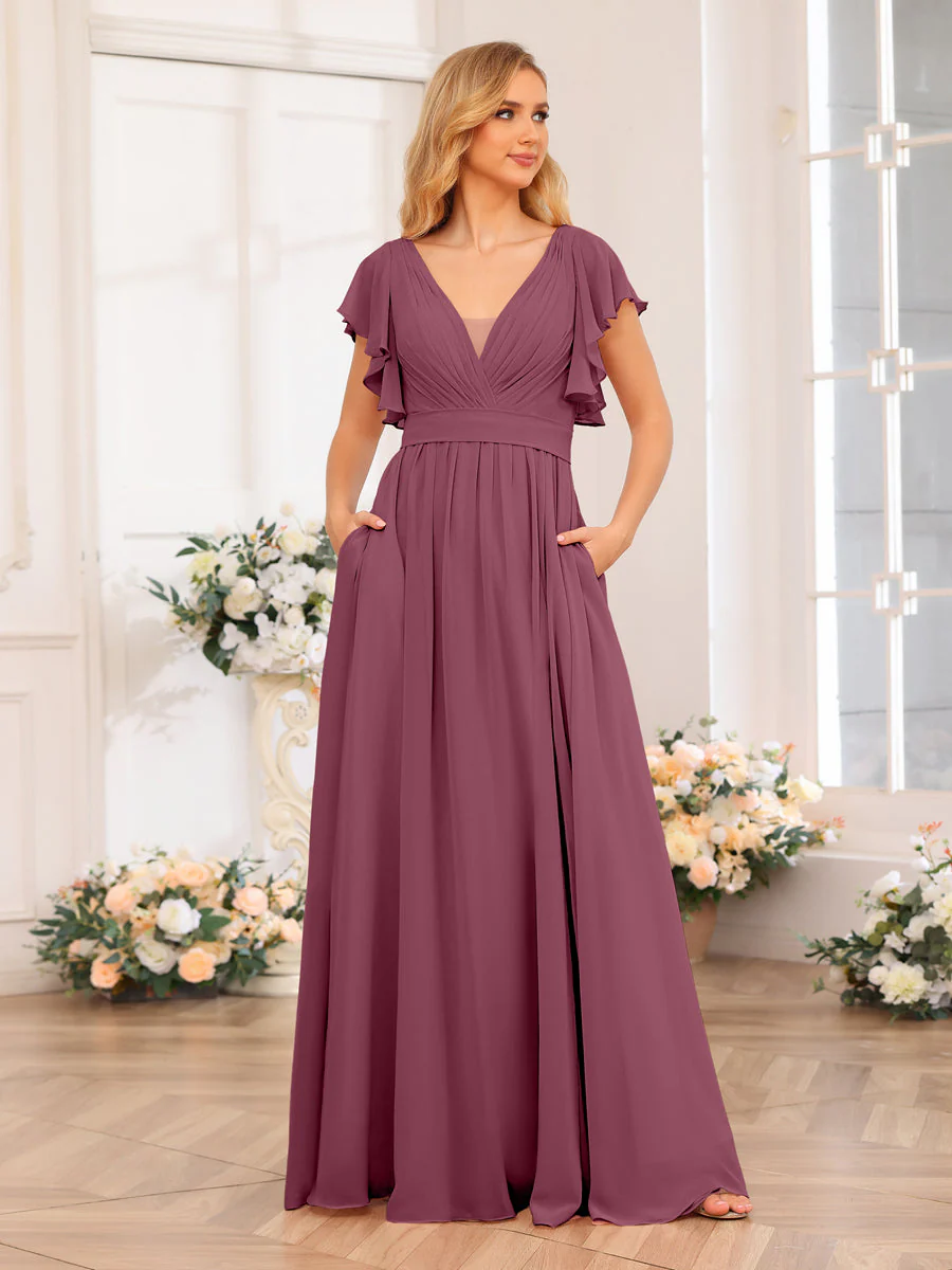 A-Line/Princess V-Neck Long Wedding Party Dresses with Split Side & Pockets - Image 45