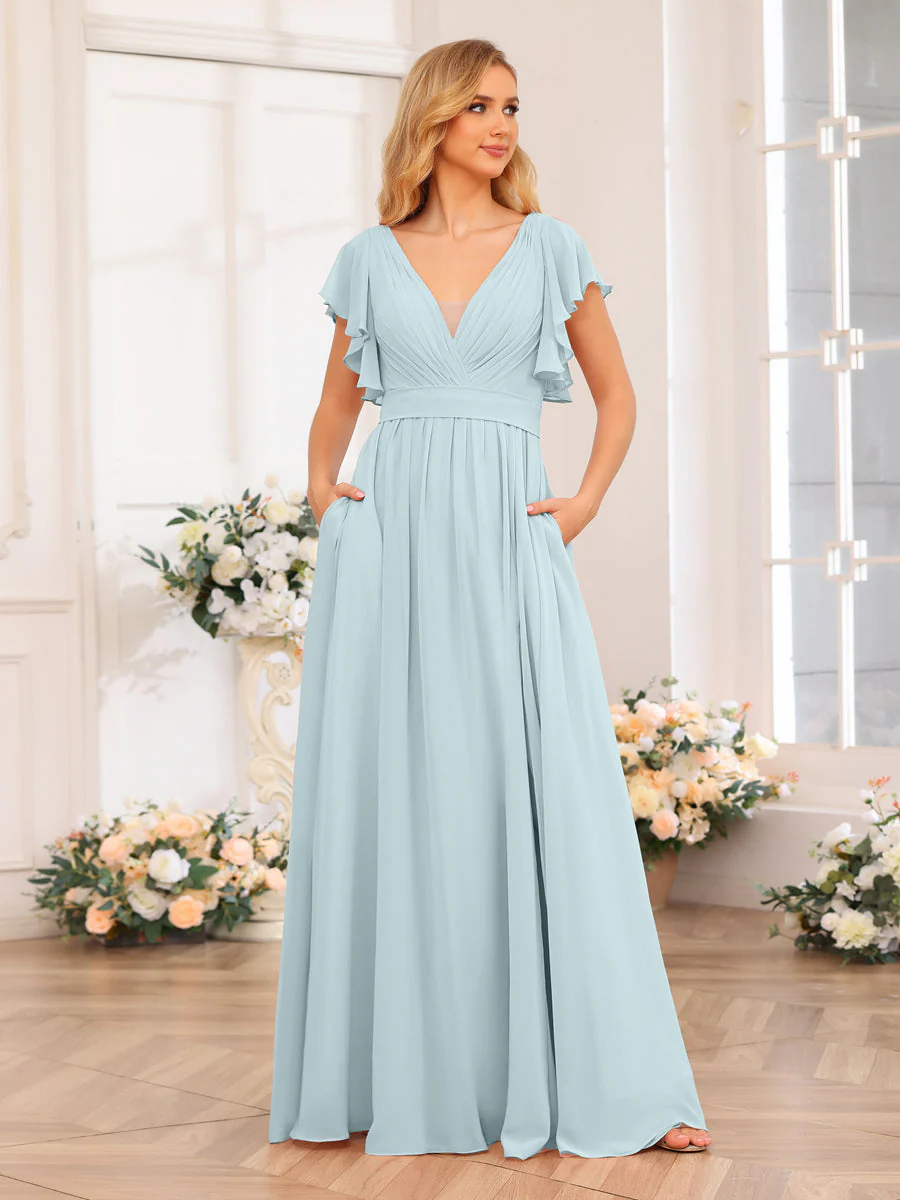 A-Line/Princess V-Neck Long Wedding Party Dresses with Split Side & Pockets - Image 49