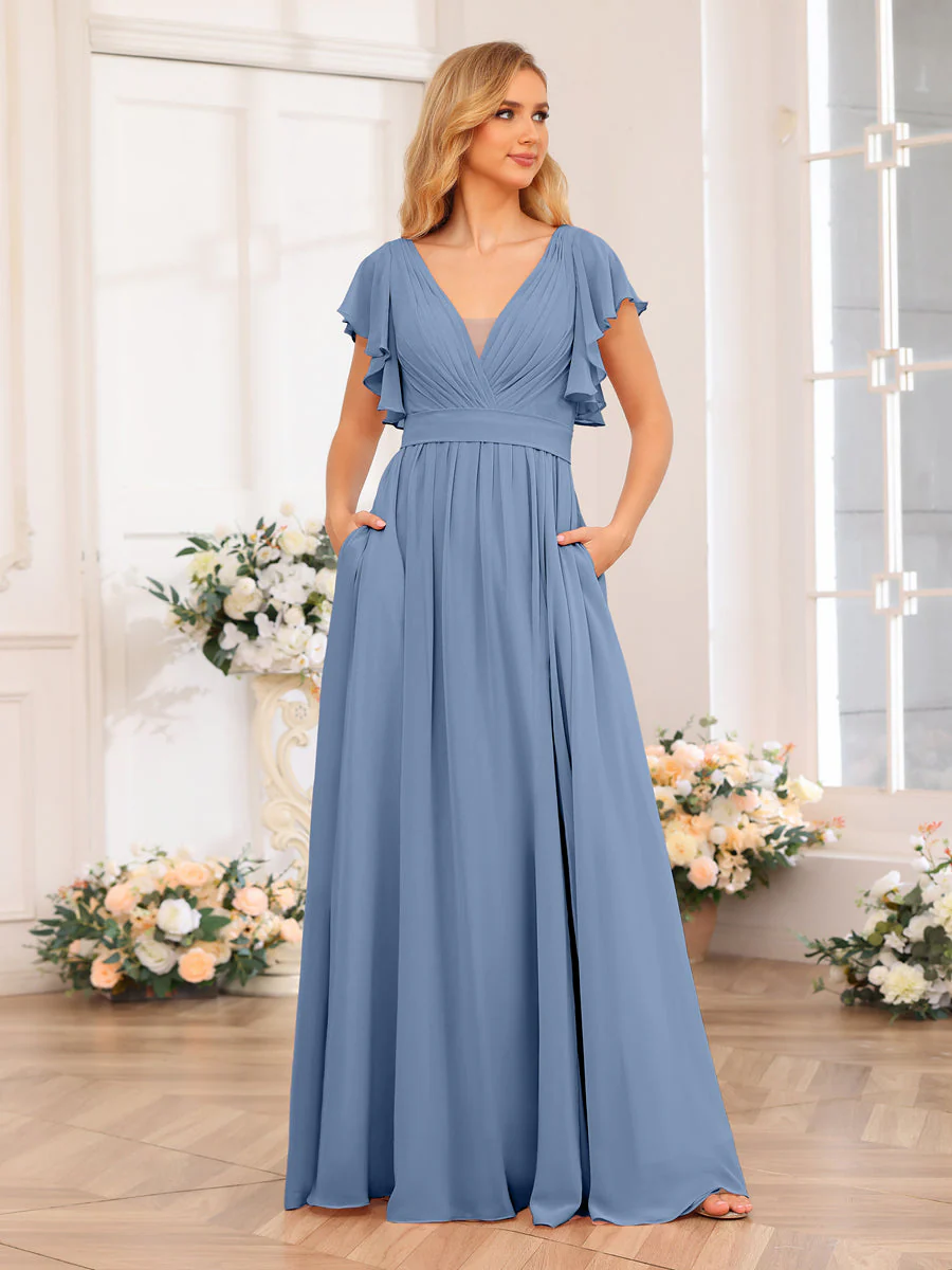 A-Line/Princess V-Neck Long Wedding Party Dresses with Split Side & Pockets - Image 53