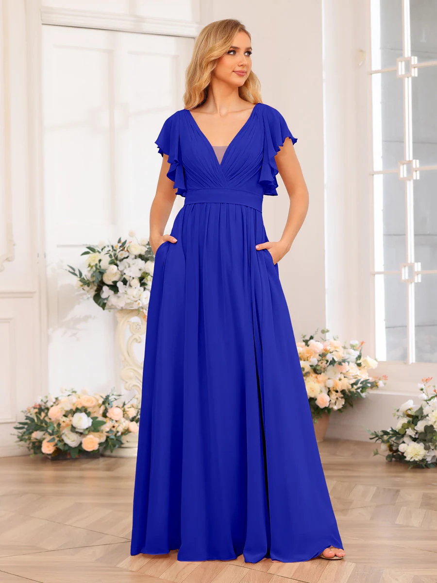 A-Line/Princess V-Neck Long Wedding Party Dresses with Split Side & Pockets - Image 57
