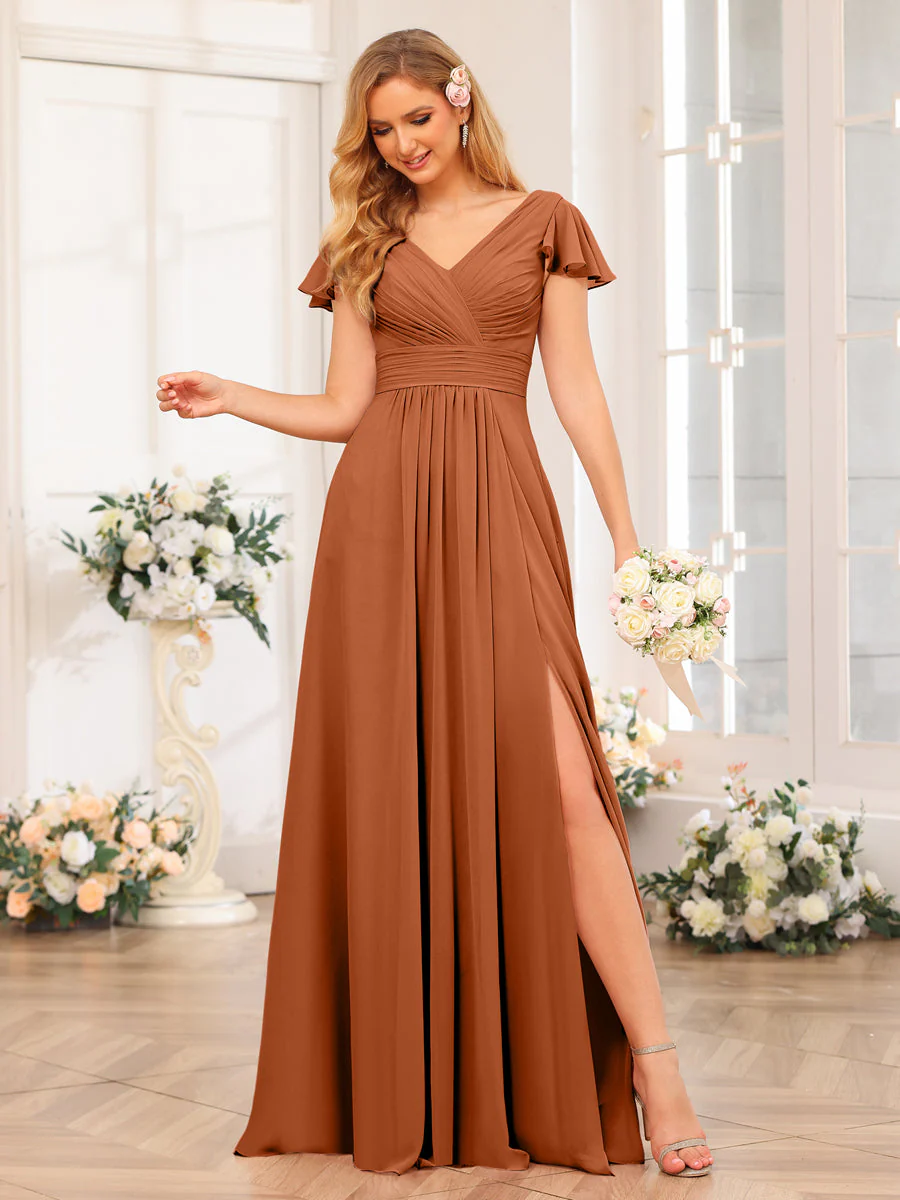 A-Line/Princess V-Neck Long Wedding Party Dresses with Split Side & Pockets - Image 12