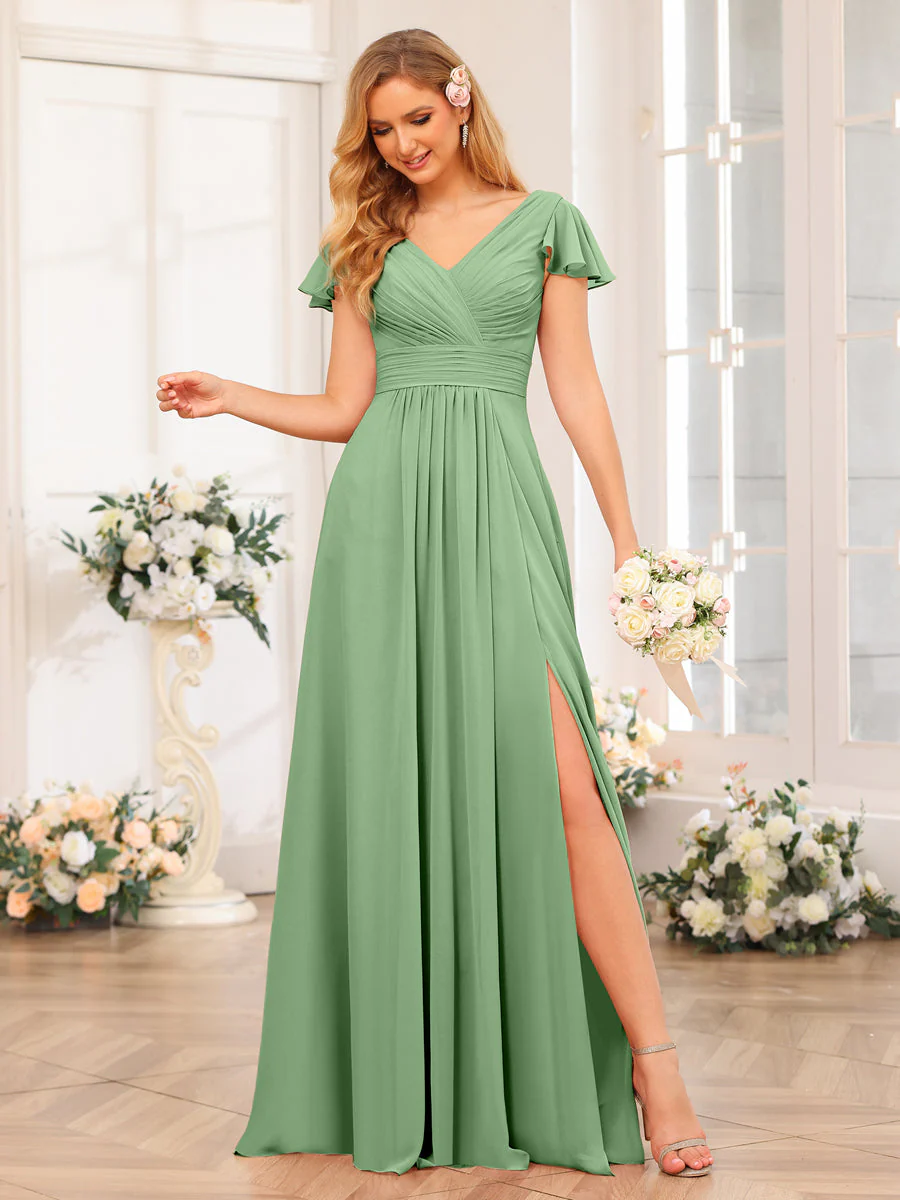 A-Line/Princess V-Neck Long Wedding Party Dresses with Split Side & Pockets - Image 19