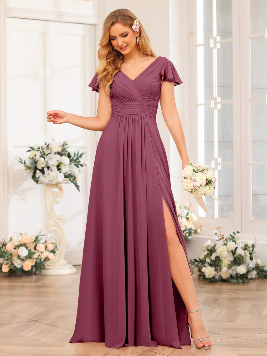 A-Line/Princess V-Neck Long Wedding Party Dresses with Split Side & Pockets - Image 46