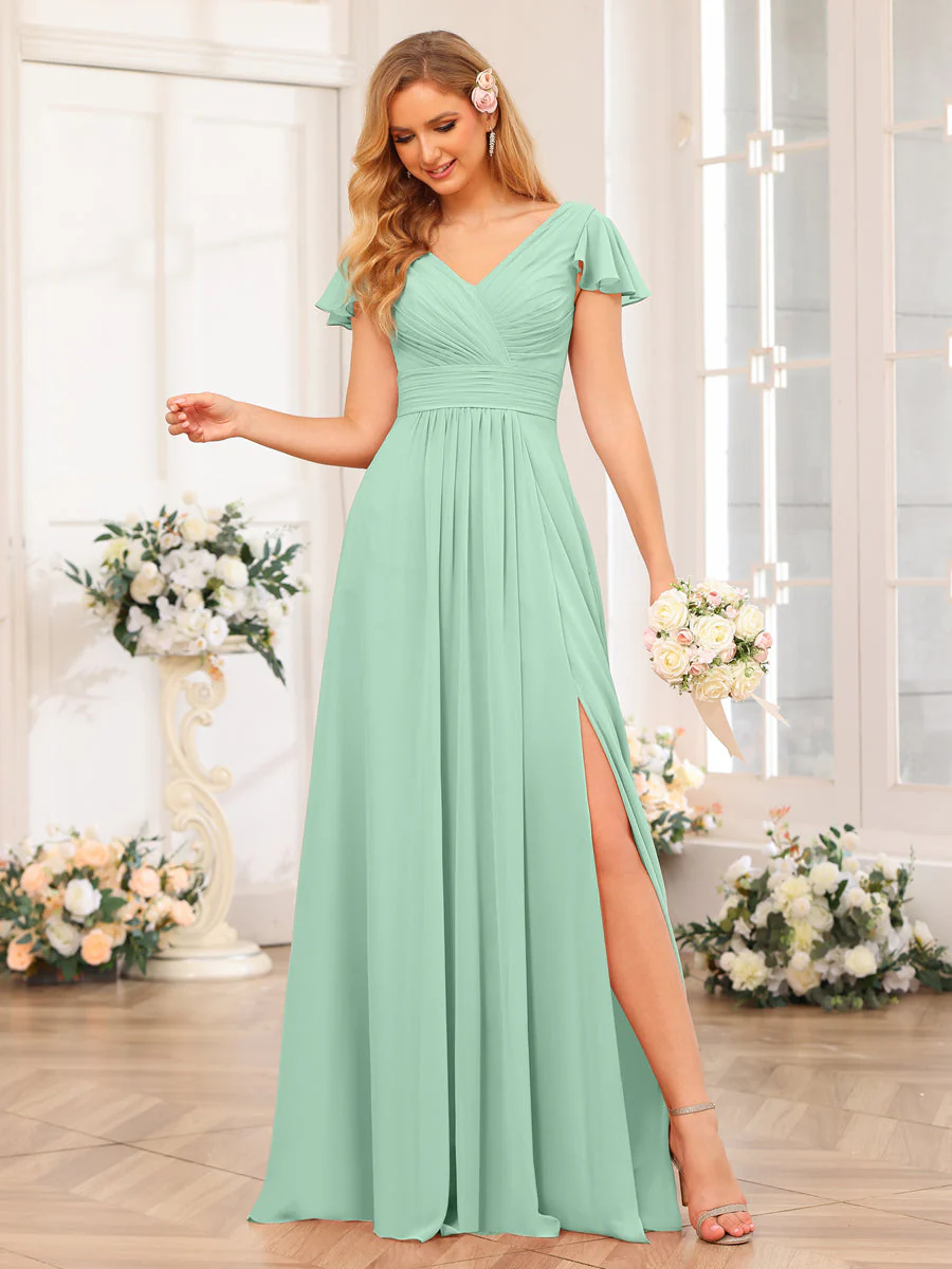 A-Line/Princess V-Neck Long Wedding Party Dresses with Split Side & Pockets - Image 64