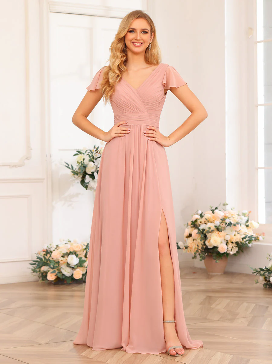A-Line/Princess V-Neck Long Wedding Party Dresses with Split Side & Pockets - Image 7