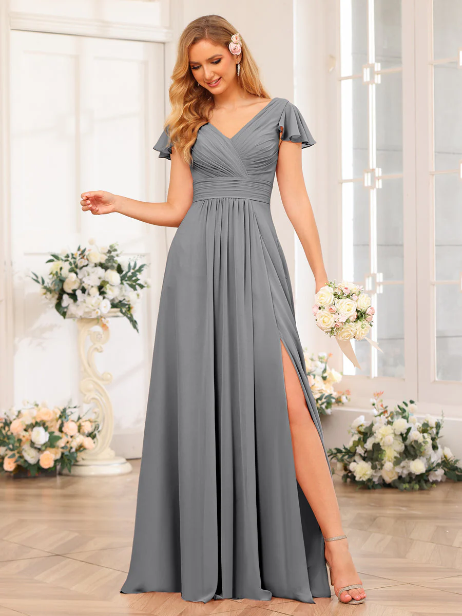 A-Line/Princess V-Neck Long Wedding Party Dresses with Split Side & Pockets - Image 78