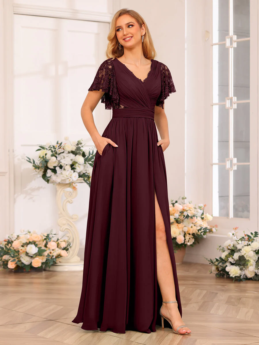 A-Line/Princess V-Neck Long Wedding Party Dresses with Split Side & Pockets - Image 11