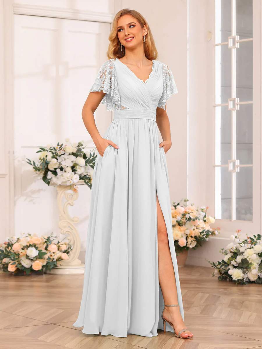 A-Line/Princess V-Neck Long Wedding Party Dresses with Split Side & Pockets - Image 19