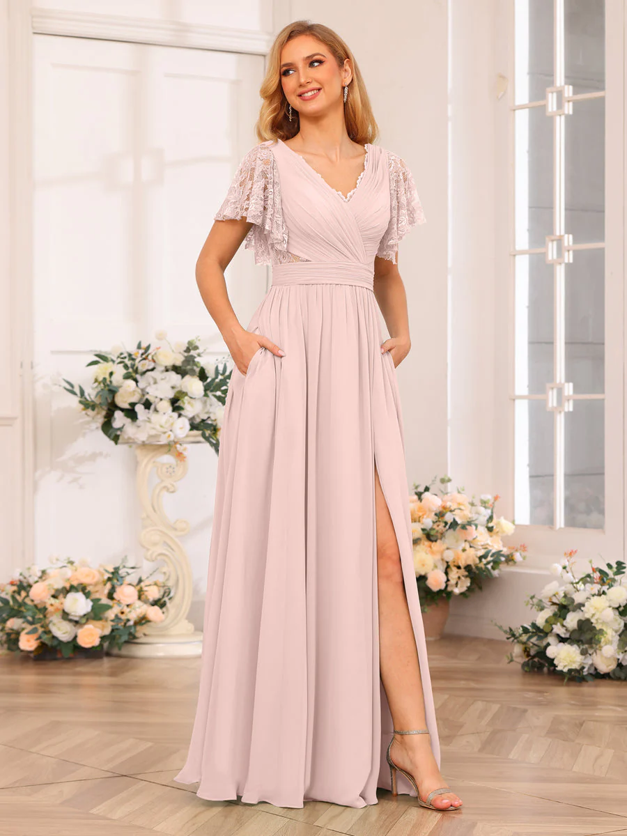 A-Line/Princess V-Neck Long Wedding Party Dresses with Split Side & Pockets - Image 26