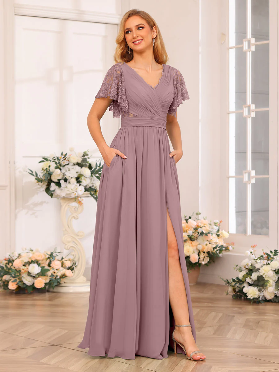 A-Line/Princess V-Neck Long Wedding Party Dresses with Split Side & Pockets - Image 30