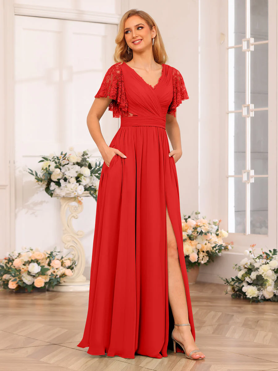 A-Line/Princess V-Neck Long Wedding Party Dresses with Split Side & Pockets - Image 35