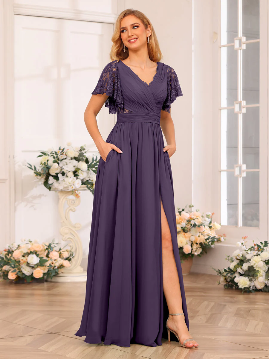 A-Line/Princess V-Neck Long Wedding Party Dresses with Split Side & Pockets - Image 44
