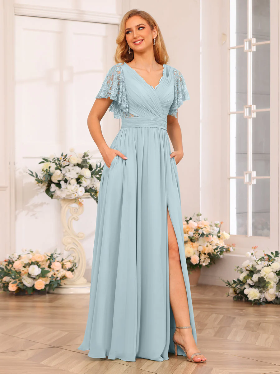 A-Line/Princess V-Neck Long Wedding Party Dresses with Split Side & Pockets - Image 46