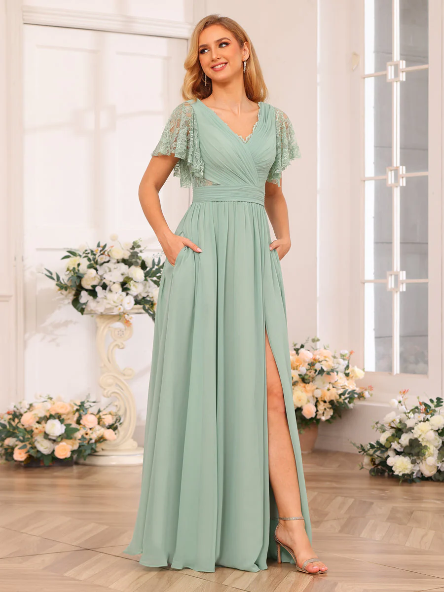 A-Line/Princess V-Neck Long Wedding Party Dresses with Split Side & Pockets - Image 6