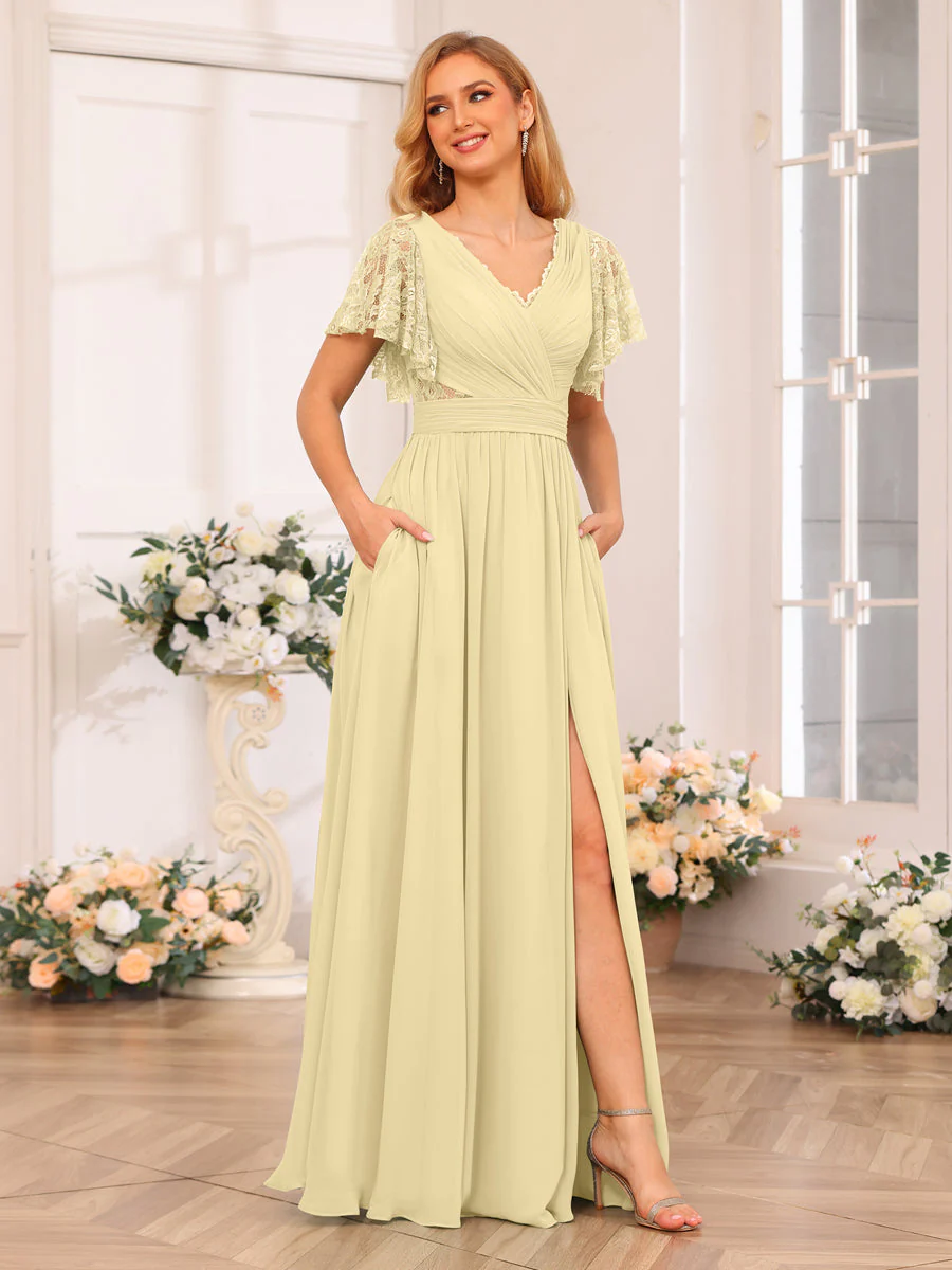 A-Line/Princess V-Neck Long Wedding Party Dresses with Split Side & Pockets - Image 67