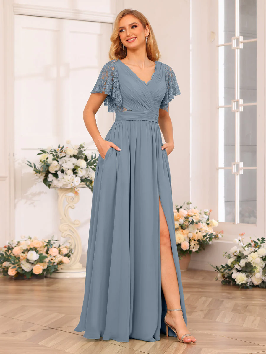 A-Line/Princess V-Neck Long Wedding Party Dresses with Split Side & Pockets - Image 8