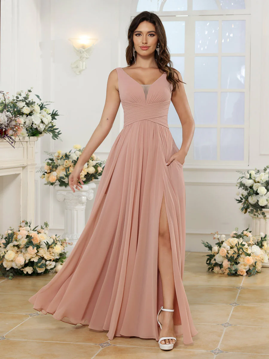 A-Line/Princess V-Neck Long Wedding Party Dresses with Split Side & Pockets - Image 2