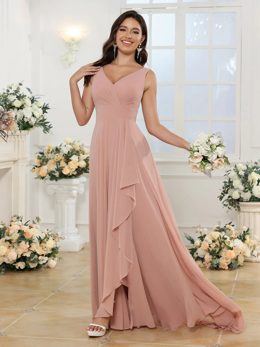 A-Line/Princess V-Neck Long Wedding Party Dresses with Split Side & Pockets - Image 10