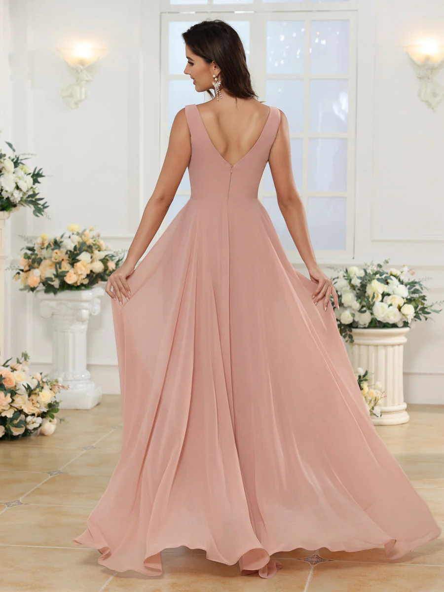 A-Line/Princess V-Neck Long Wedding Party Dresses with Split Side & Pockets - Image 11