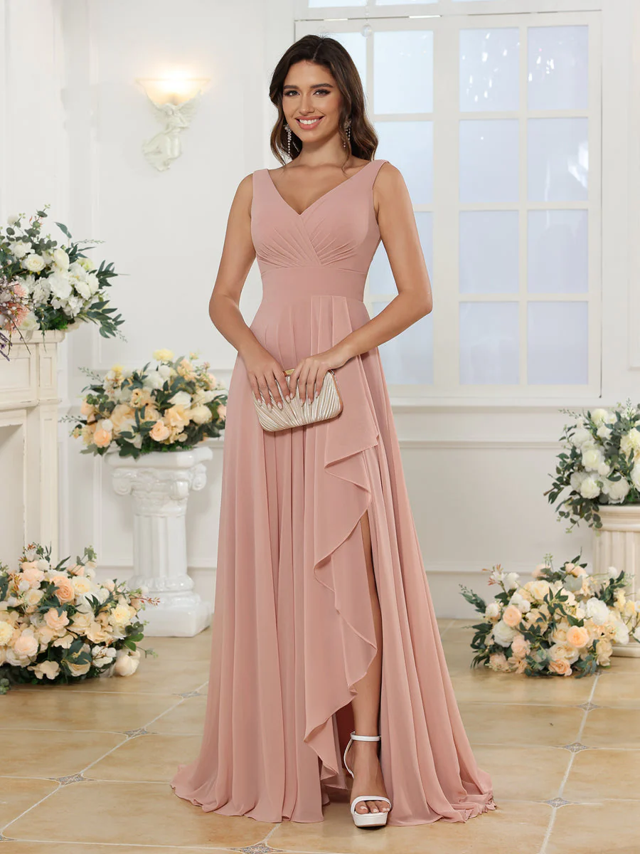 A-Line/Princess V-Neck Long Wedding Party Dresses with Split Side & Pockets - Image 3