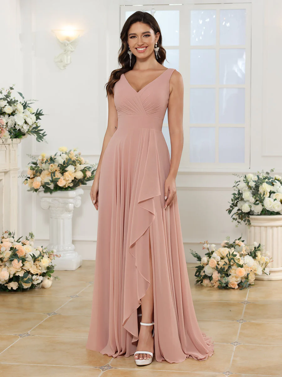 A-Line/Princess V-Neck Long Wedding Party Dresses with Split Side & Pockets - Image 4