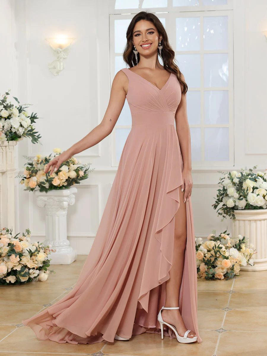 A-Line/Princess V-Neck Long Wedding Party Dresses with Split Side & Pockets - Image 5