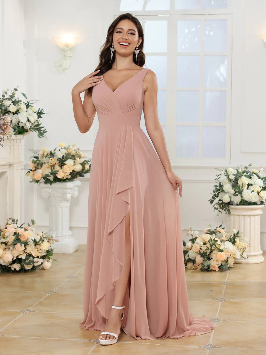 A-Line/Princess V-Neck Long Wedding Party Dresses with Split Side & Pockets - Image 6